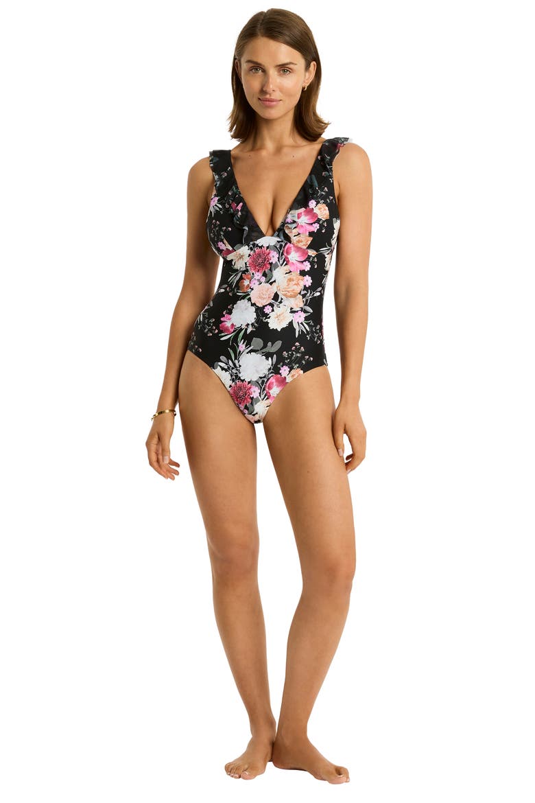 Belle Ruffle One-Piece Swimsuit, Alternate, color, BLACK