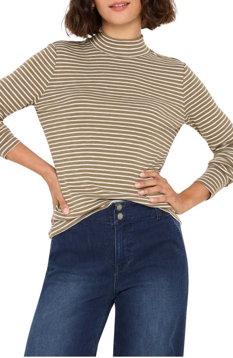Stripe Long Sleeve Mock Neck T-Shirt (Regular & Petite)