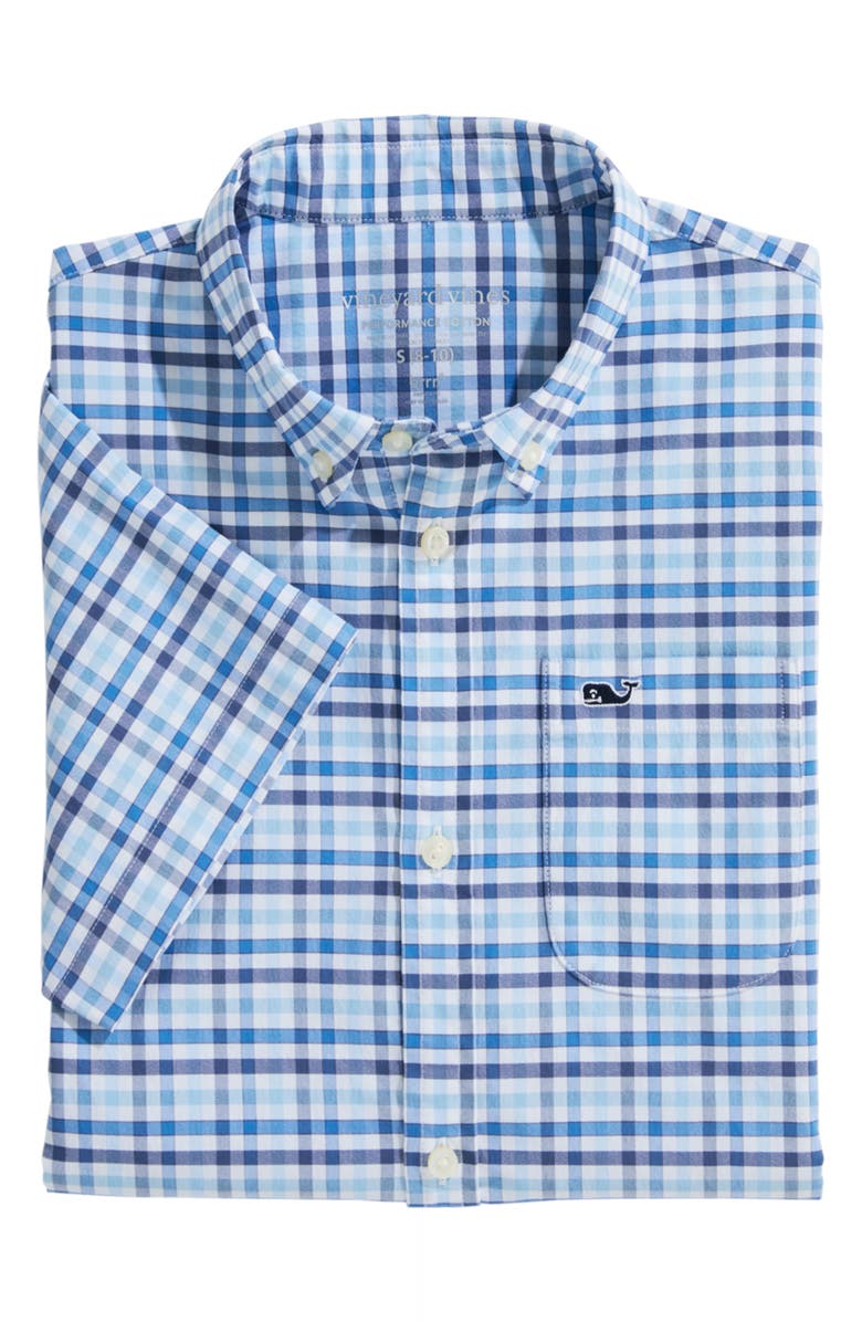 vineyard vines Kids' Plaid brrrº Short Sleeve Button-Down Shirt, Alternate, color, Oceansplash