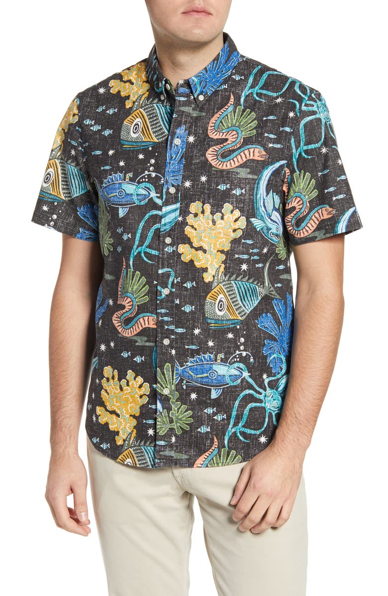 Reyn Spooner Deep Sea Jive Print Short Sleeve Button-Down Shirt, Main, color, 