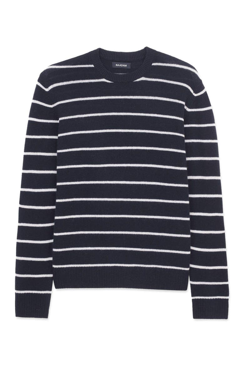 Lightweight Cashmere Striped Crewneck, Alternate, color, Navy Combo