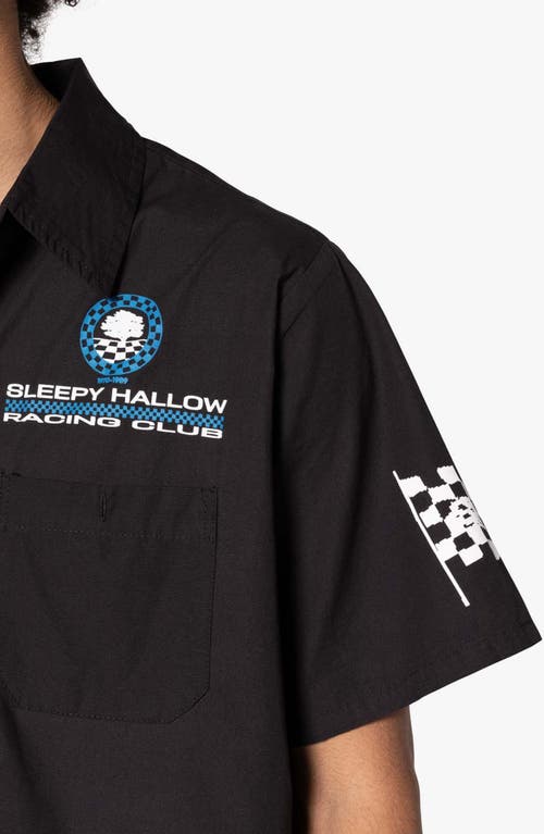 Mnml Shrc Pit Crew Fray Hem Crop Button-up Shirt In Black