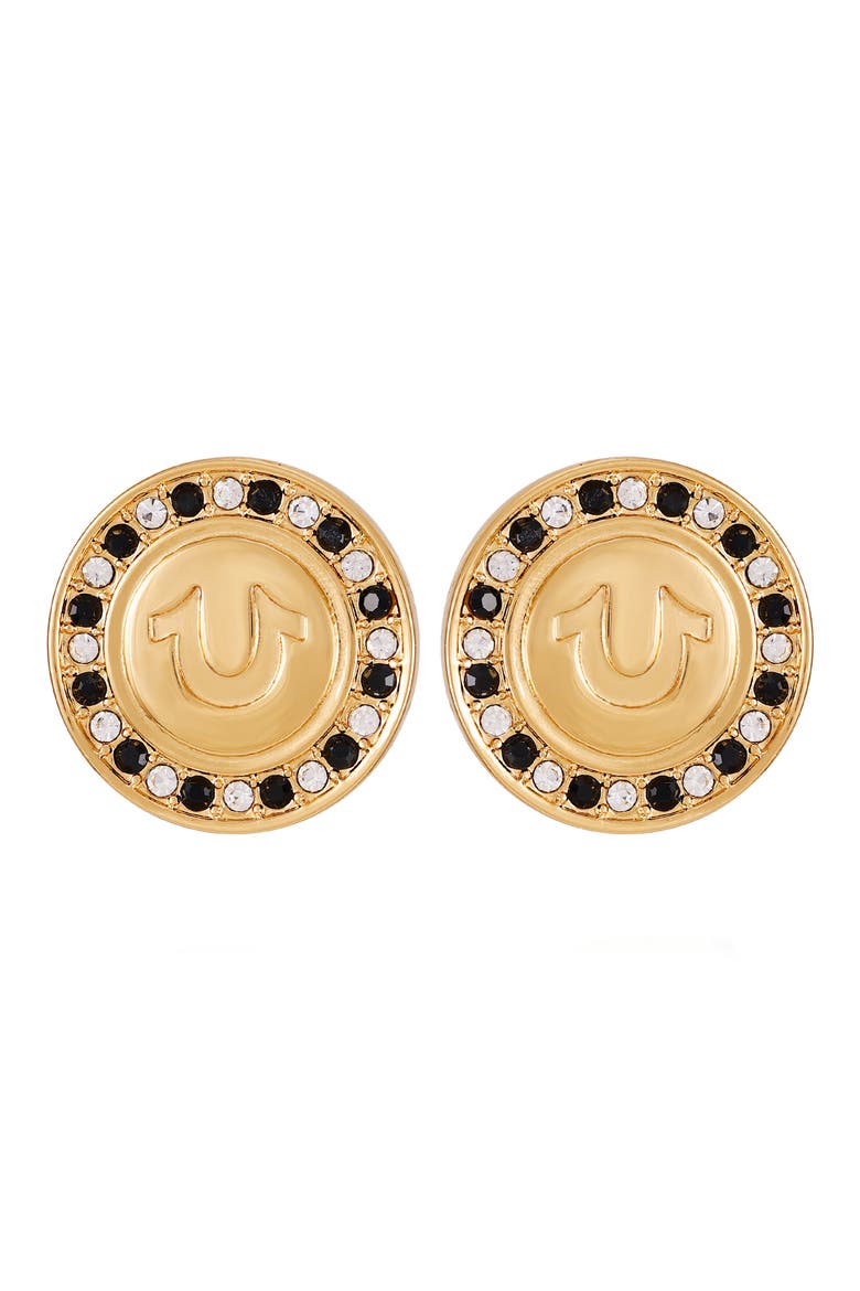 Pavé Crystal Horseshoe Button Stud Earrings, Main, color, GOLDTONE/ JET