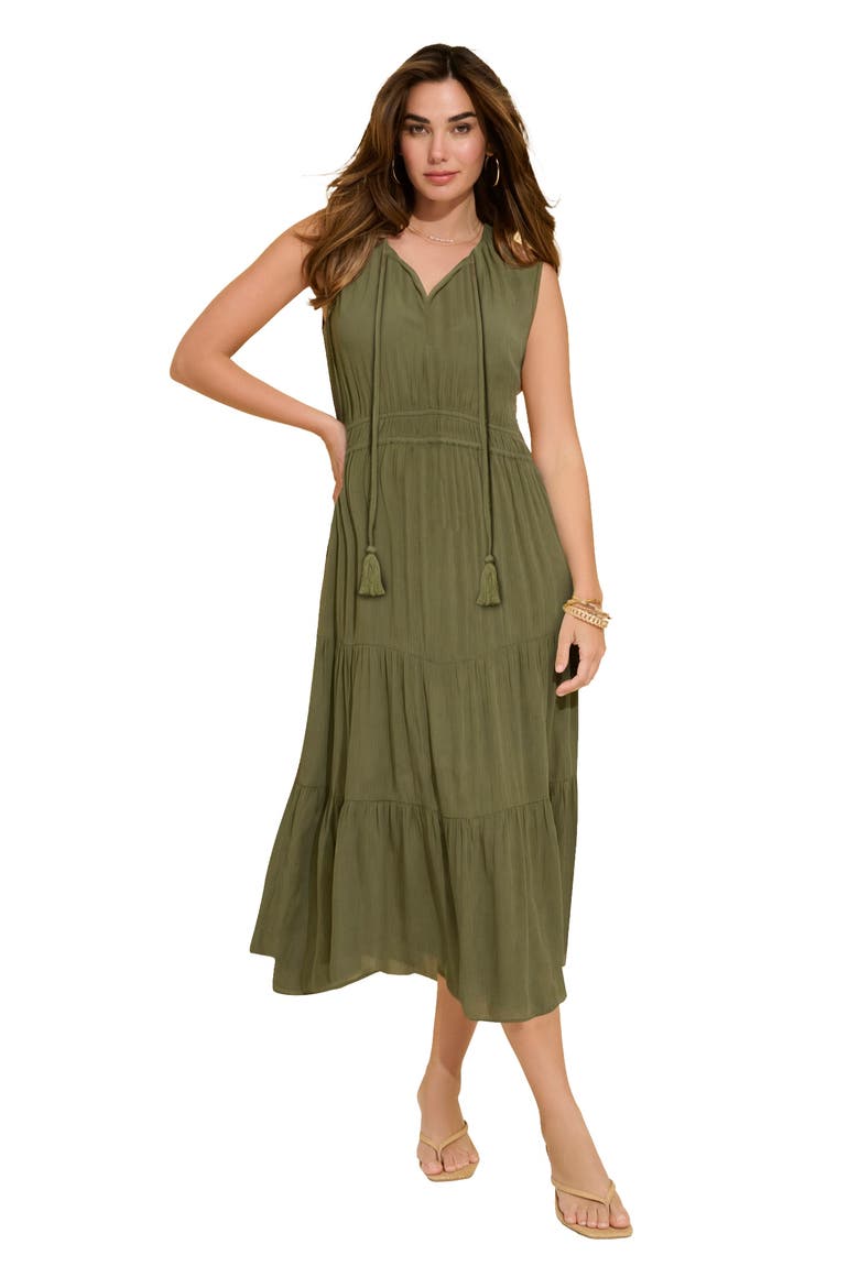 Plus Size Hand Crinkled Sleeveless Tiered Maxi Dress, Main, color, DARK OLIVE GREEN