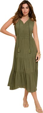 Roaman's Plus Size Hand Crinkled Sleeveless Tiered Maxi Dress