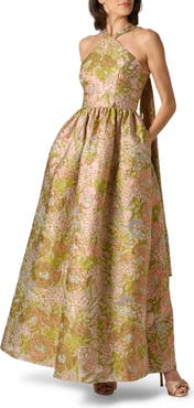 Aidan Mattox Metallic Floral Jacquard Halter Gown