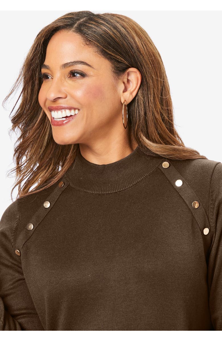 Jessica London Gold Button Mockneck Sweater, Alternate, color, Black