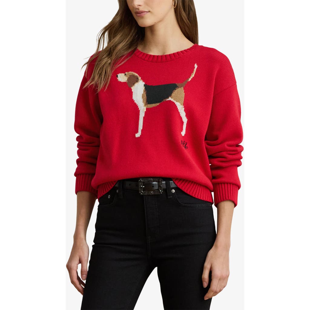 Ralph Lauren Intarsia-knit Foxhound Cotton Sweater In Red