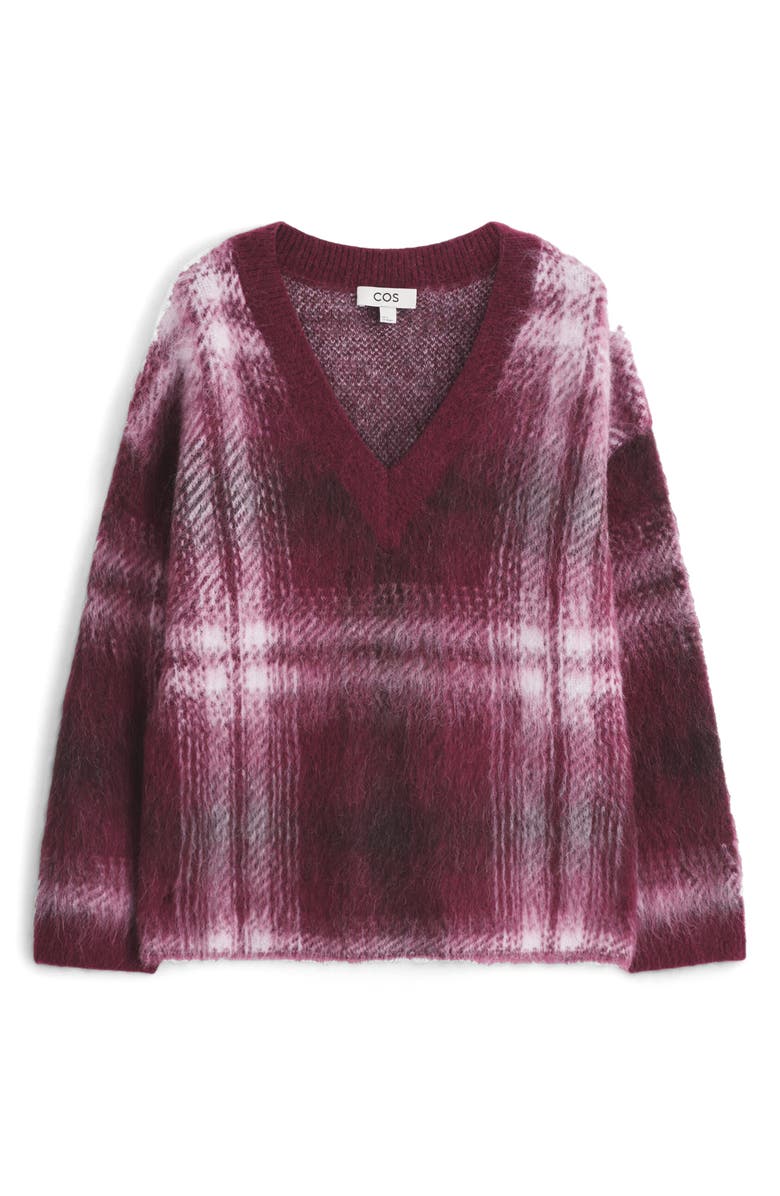 COS Dorian Check Oversize Alpaca & Wool Blend V-Neck Sweater, Alternate, color, Red Dark