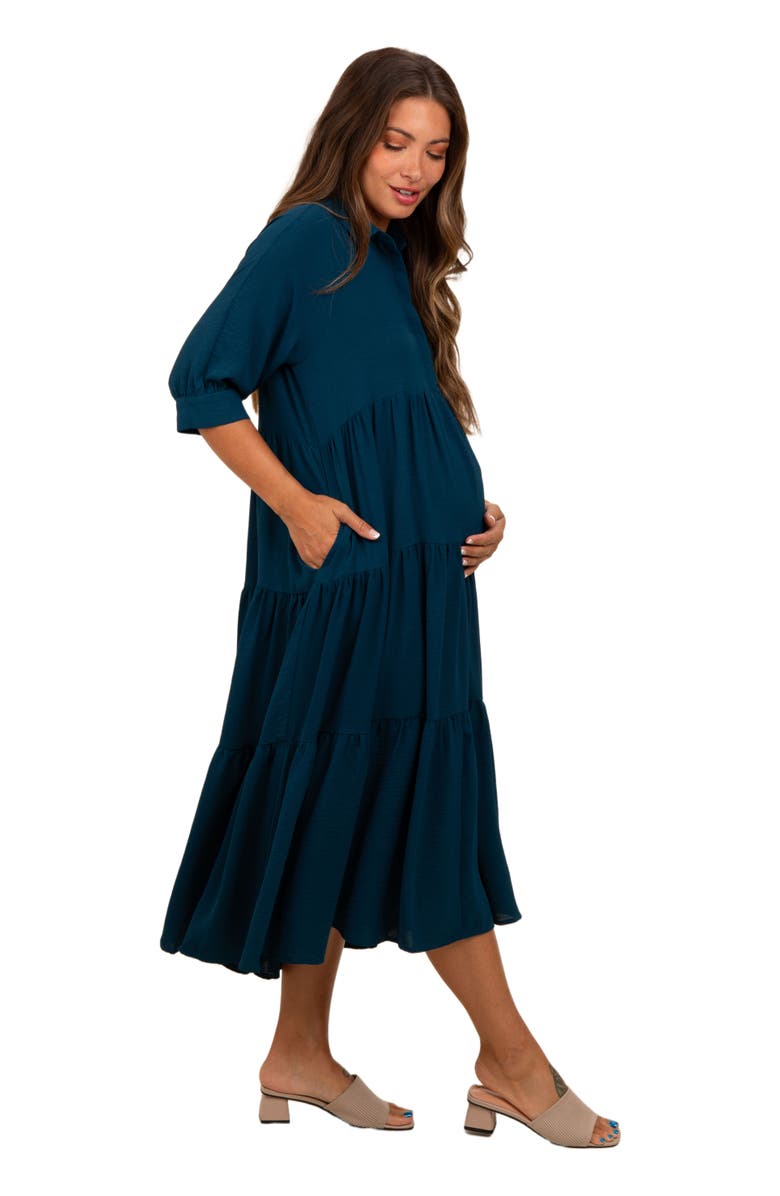 PinkBlush Collared Button Up Tiered Midi Dress, Alternate, color, Dark Teal
