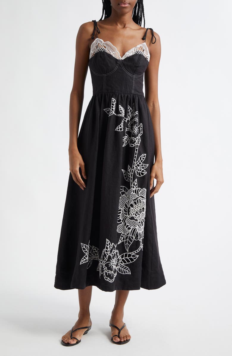 FARM Rio Richelieu Crochet Lace Linen Midi Sundress, Main, color, Black