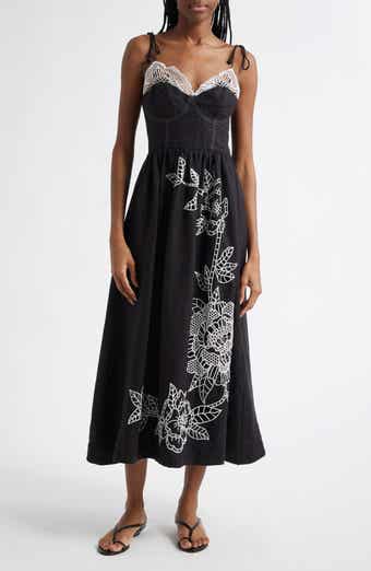 FARM Rio Richelieu Crochet Lace Linen Midi Sundress