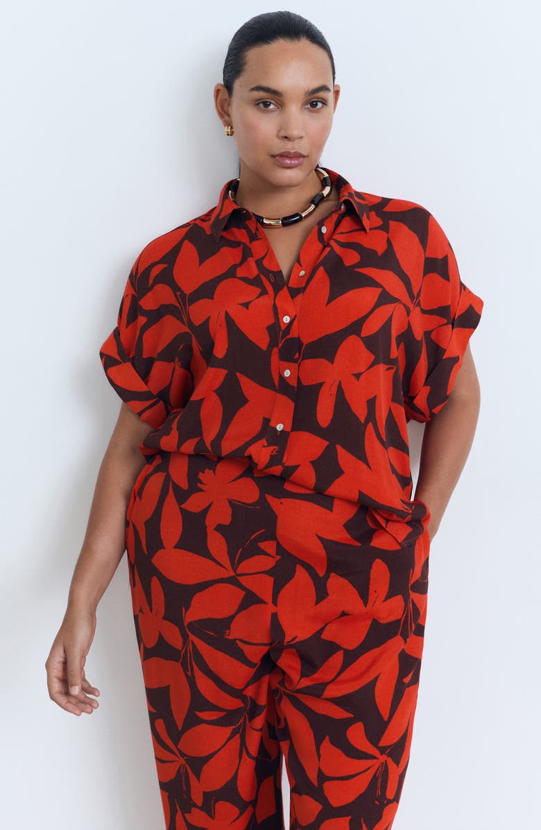 MANGO Floral Short Sleeve Button-Up Shirt, Alternate, color, Red