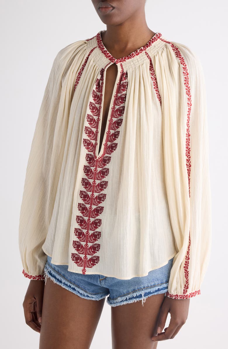 Isabel Marant Étoile Lena Embroidered Gauze Top, Alternate, color, Beige/ Red