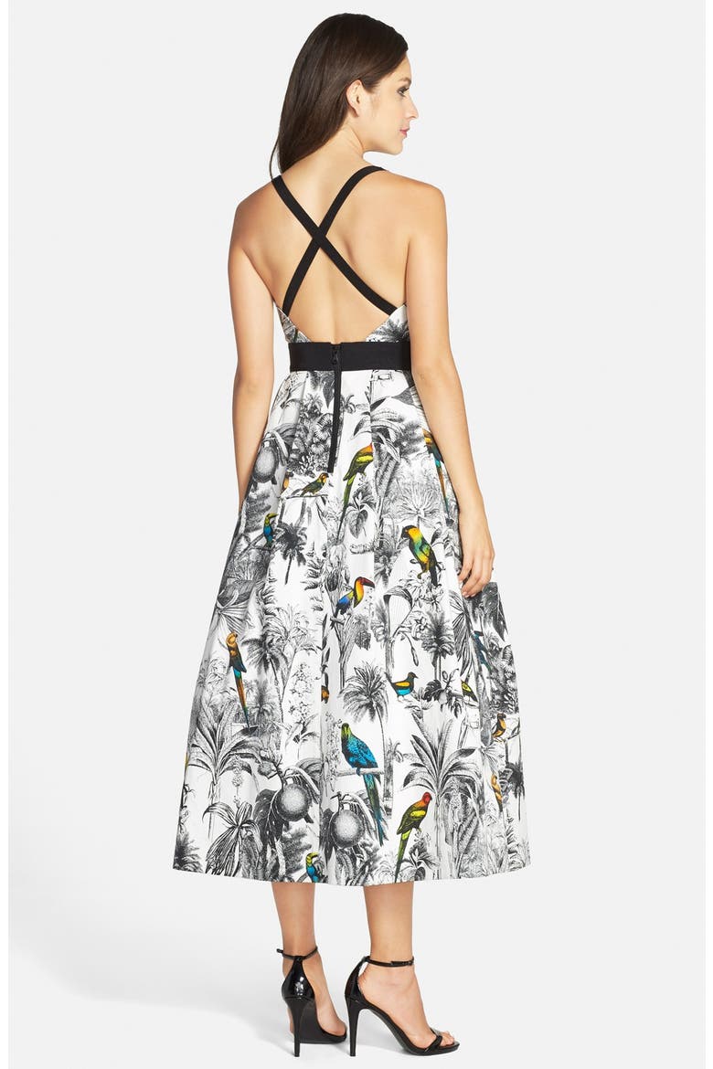 Tropical Print Cross Back Fit & Flare Midi Dress, Alternate, color, WHITE MULTI