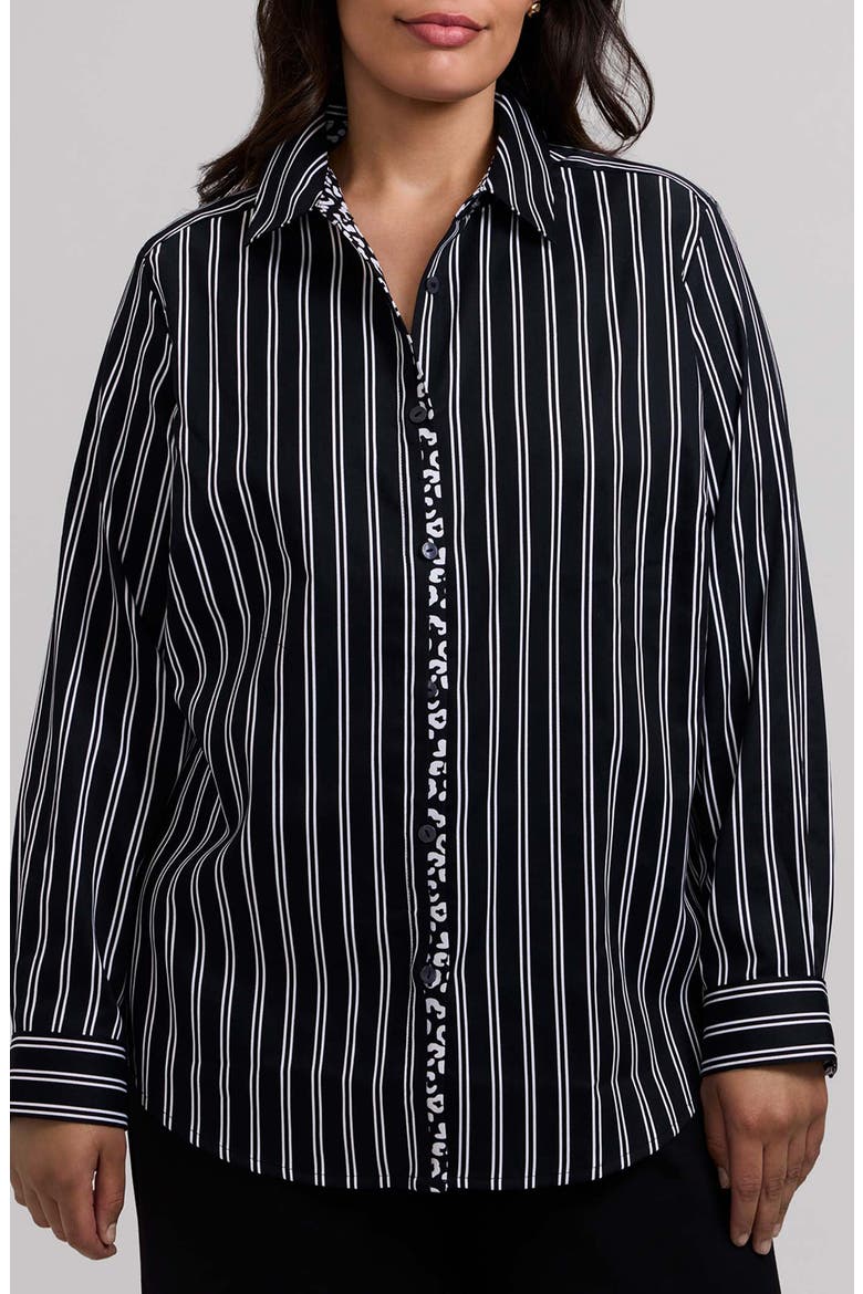 Charlie Stripe Animal Print Trim Cotton Button-Up Shirt, Main, color, BLACK/ WHITE