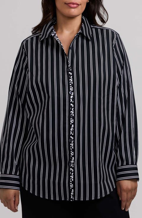 Charlie Stripe Animal Print Trim Cotton Button-Up Shirt