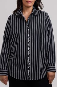 Foxcroft Charlie Stripe Animal Print Trim Cotton Button-Up Shirt