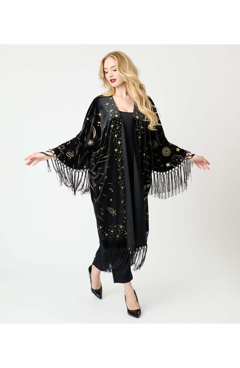 Unique Vintage Burnout Fringe Kimono, Alternate, color, Black & Gold