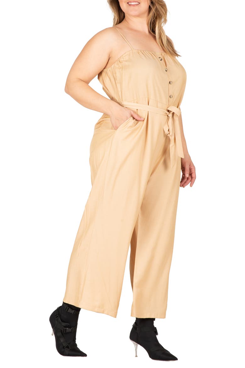 Tie Waist Sleeveless Wide Leg Jumpsuit, Alternate, color, KHAKI