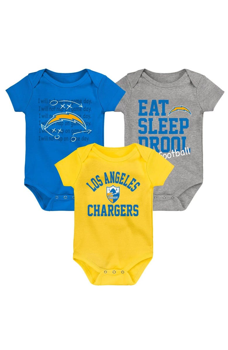 Outerstuff Newborn & Infant Gold/Powder Blue/Heather Gray Los Angeles Chargers Three-Pack Eat, Sleep & Drool Retro Bodysuit Set, Main, color, Gold