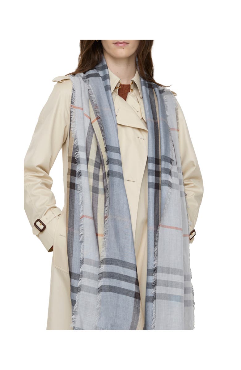 Burberry Wide Reversible Check Wool Silk Scarf, Alternate, color, Wave Blue/Pebble Beige
