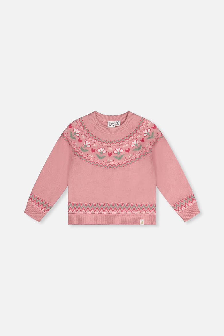 Flower Jacquard Yoke Ribbed Cuff Sweater, Main, color, Pale Dusty Pink