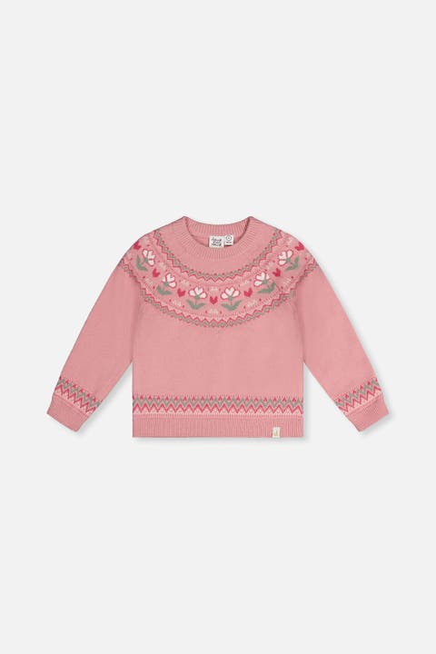 Flower Jacquard Yoke Ribbed Cuff Sweater