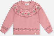 Deux par Deux Flower Jacquard Yoke Ribbed Cuff Sweater