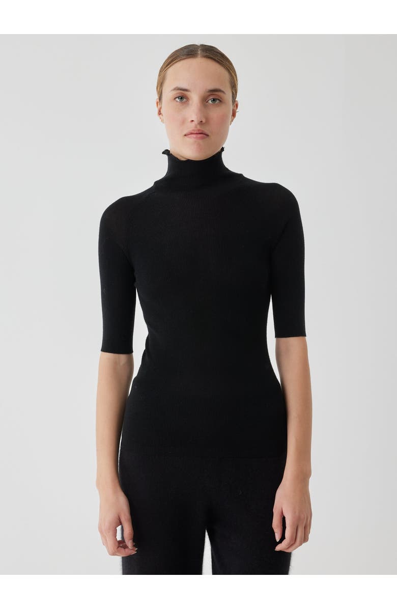 Majestic Filatures Wool Silk Micro Rib Elbow Sleeve Mock Neck, Main, color, Noir