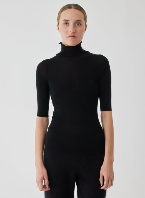 Wool Silk Micro Rib Elbow Sleeve Mock Neck
