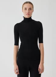 Majestic Filatures Wool Silk Micro Rib Elbow Sleeve Mock Neck