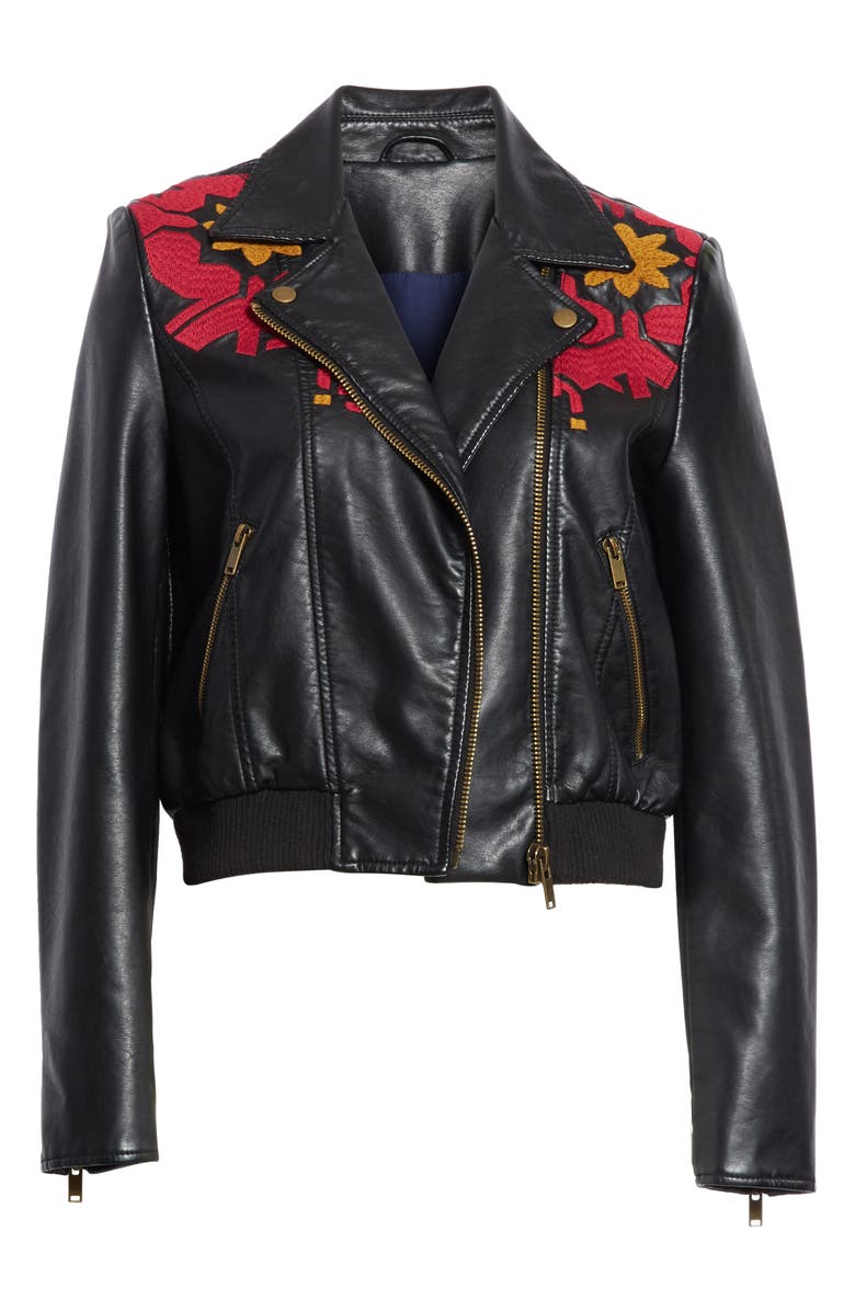 Free People Embroidered Faux Leather Moto Jacket, Alternate, color, 