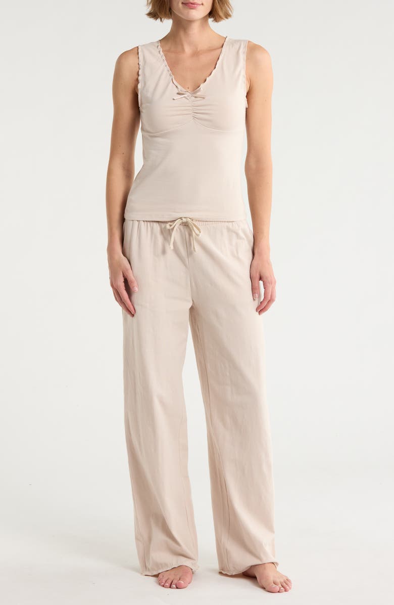 YOGALICIOUS Lettuce Edge Cotton Jersey Long Pajamas, Main, color, Mist Sand
