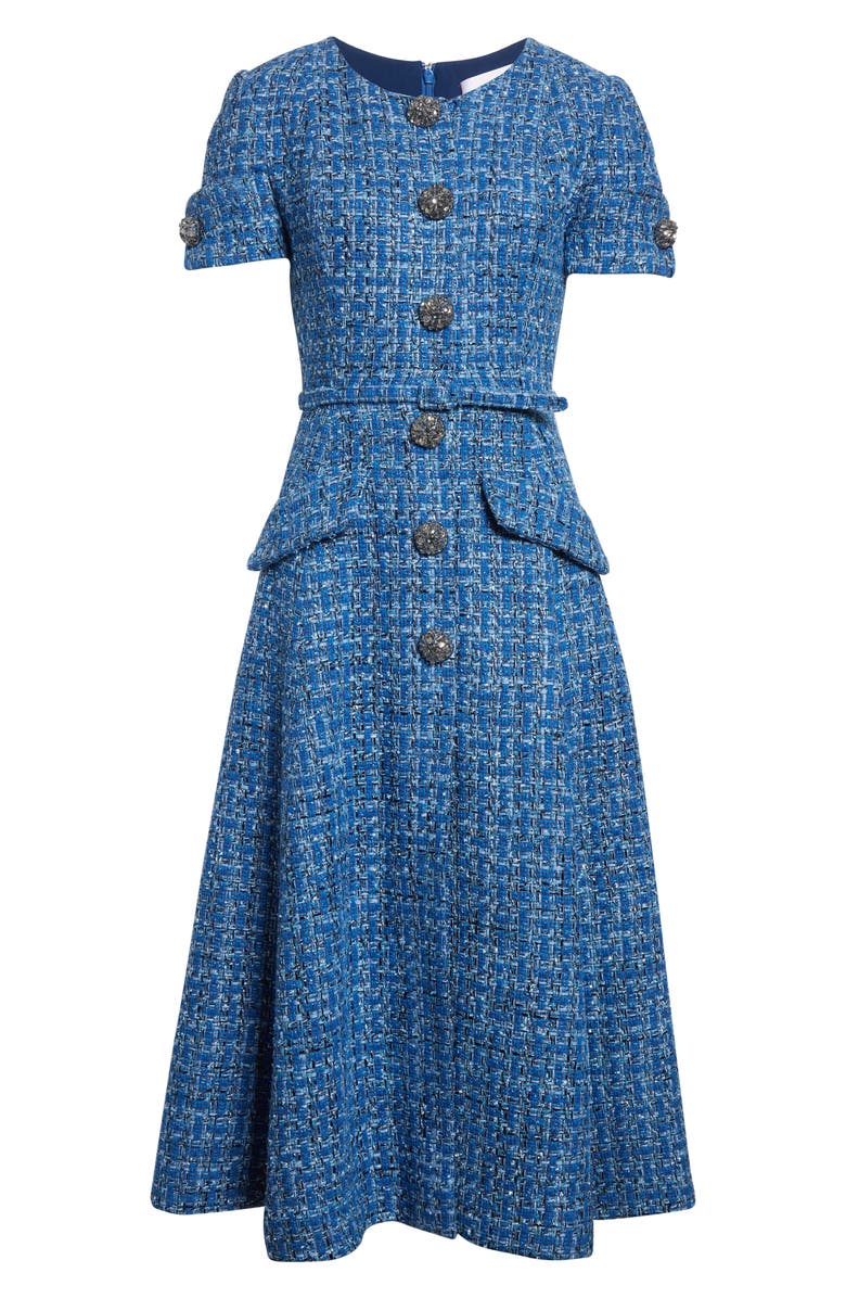 Carolina Herrera Crystal Button Tweed A-Line Dress, Alternate, color, Blue Multi