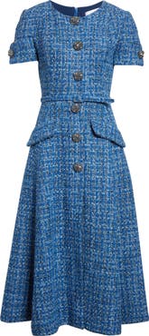 Carolina Herrera Crystal Button Tweed A-Line Dress