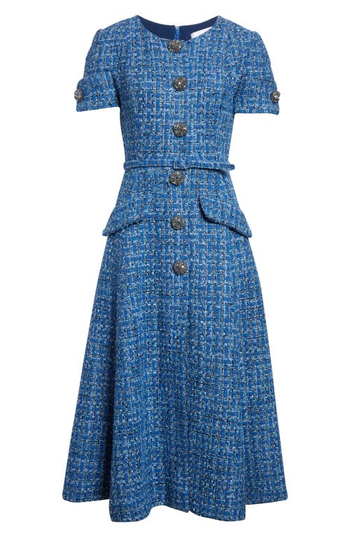 Carolina Herrera Crystal Button-front Tweed Midi Dress With Belt In Blue