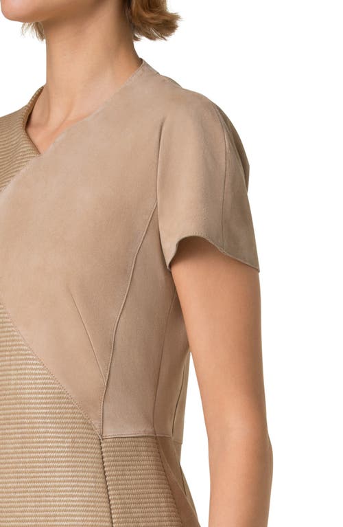 Shop Akris Short Sleeve Mixed Media Sheath Dress In Cuoio