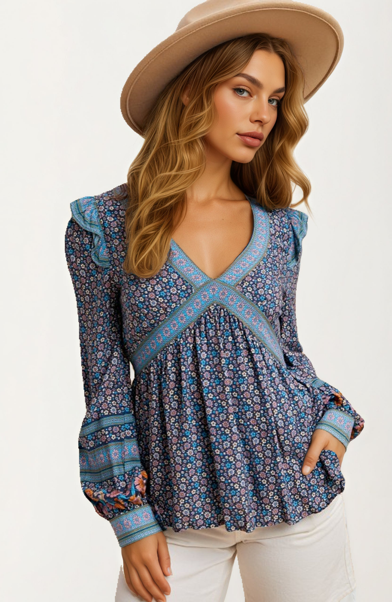 Knit and Lounge Floral Print Boho Blouse with Contrast Trim V-Neck, Main, color, Floral Blue