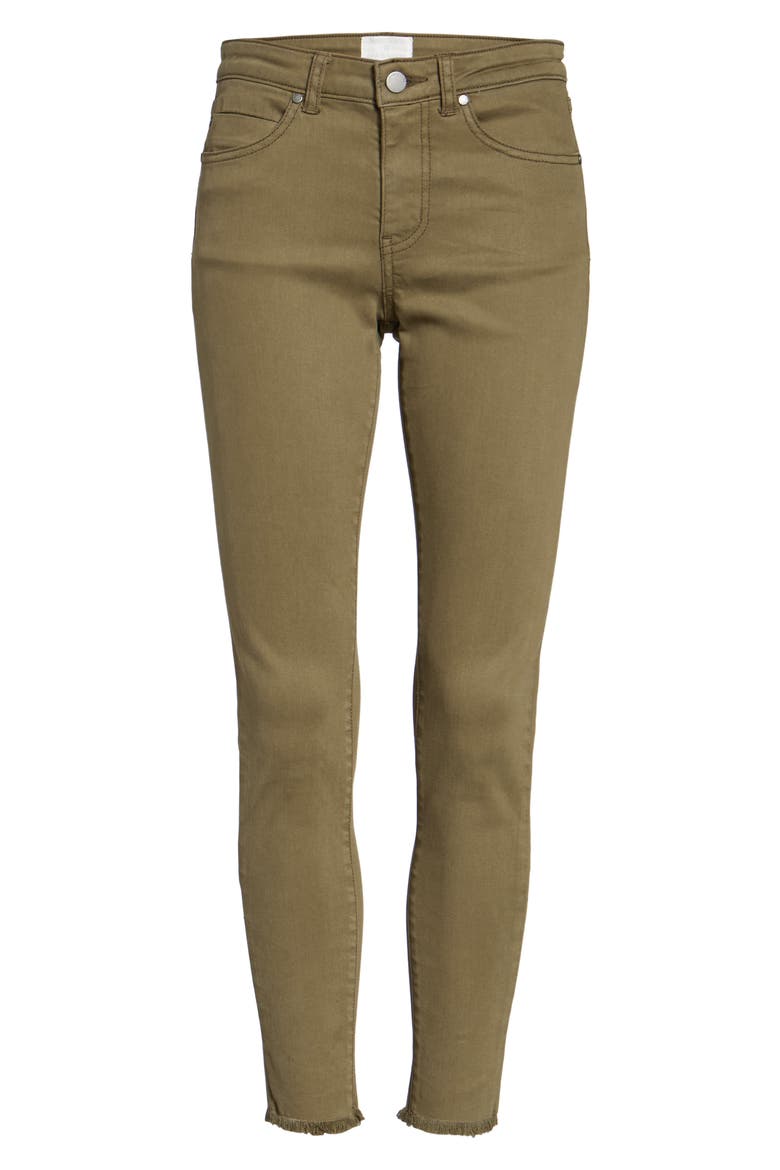 Frayed Hem Skinny Ankle Jeans, Alternate, color, OLIVE DARK
