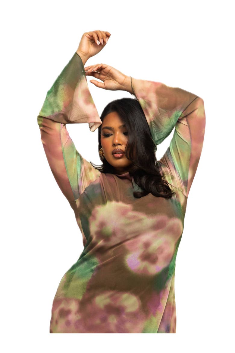 Plus Size Floral Print Mesh Maxi Dress, Alternate, color, Green