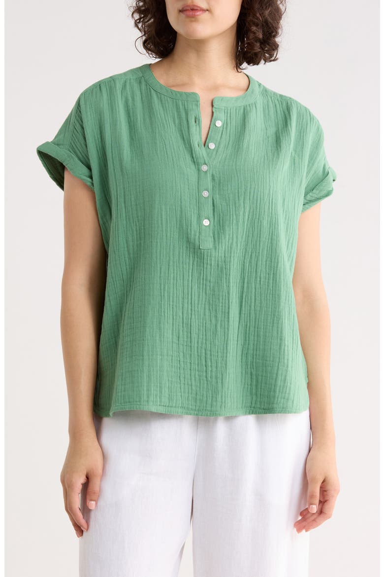 Cotton Gauze Henley Top, Main, color, GREEN LAWN