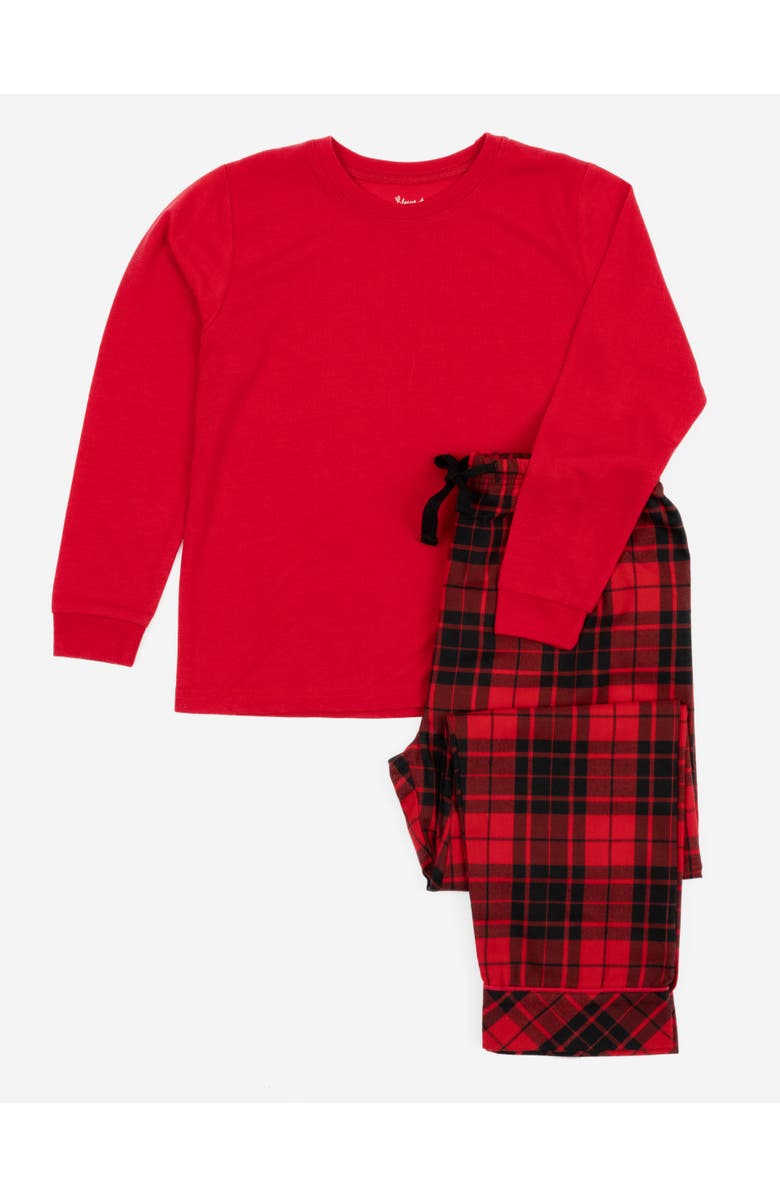 Leveret Kids Flannel Printed Holiday Pajama Set, Main, color, Plaid Black & Red
