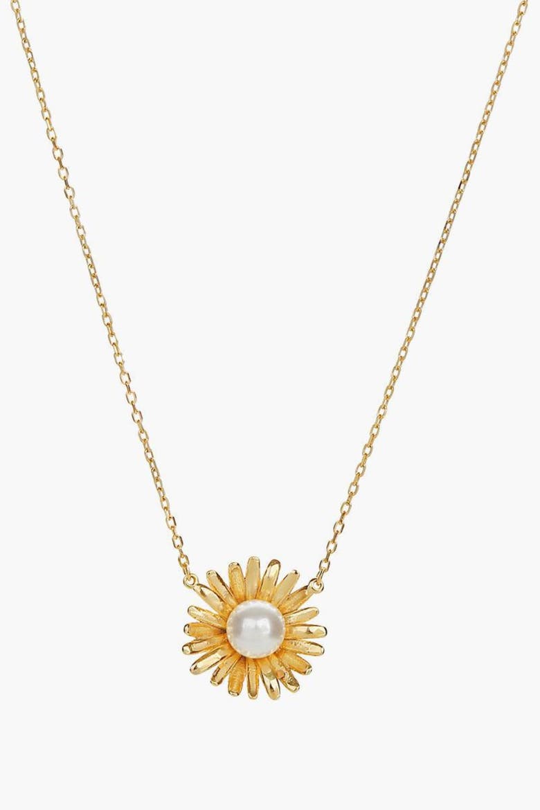 Sterling Silver 18k Gold Plated Flora Pearl Necklace Dainty Minimalist, Main, color, Gold