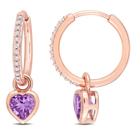 Amethyst & Diamond Heart Huggie Earrings 10K