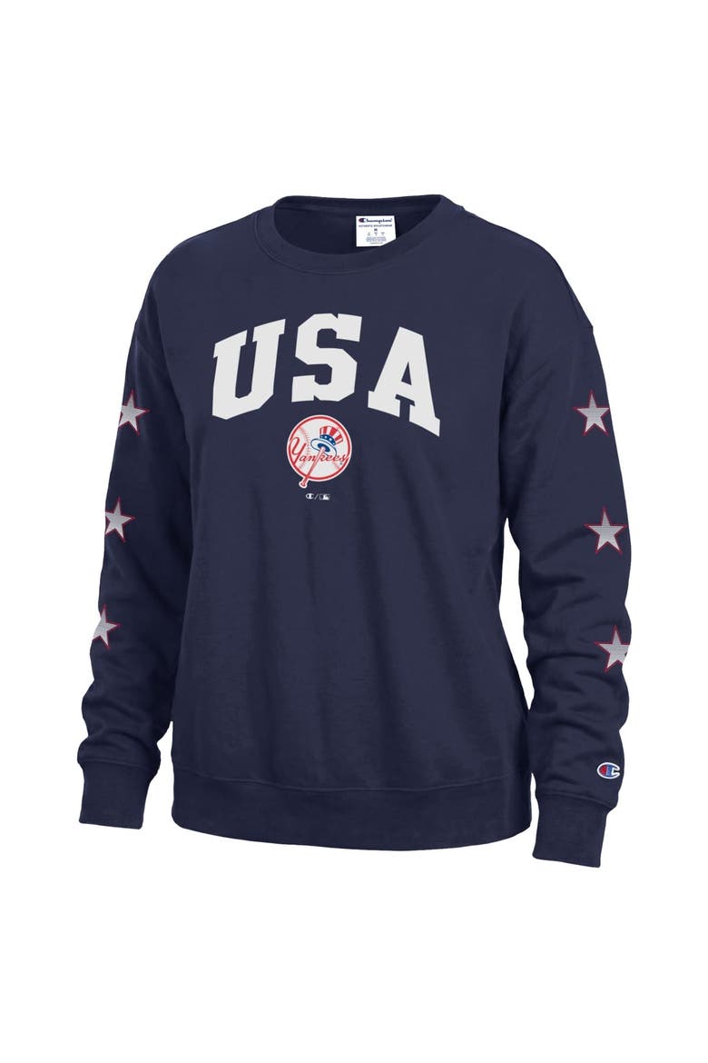 Women's Champion  Navy New York Yankees Americana Fleece Crewneck Sweatshirt, Alternate, color, Navy