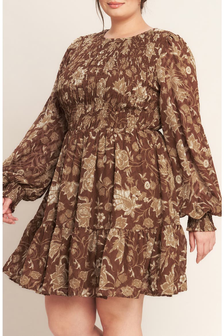 Smocked Long Sleeve Fit & Flare Dress, Alternate, color, BROWN