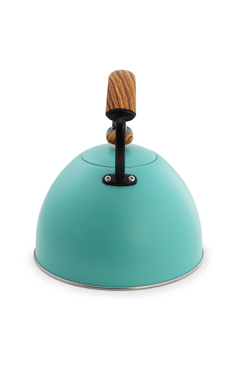 Megachef 3.2 Quart Whistling Tea Kettle with Wood Grain Nylon Cool Touch Handle, Alternate, color, Matte Turquoise