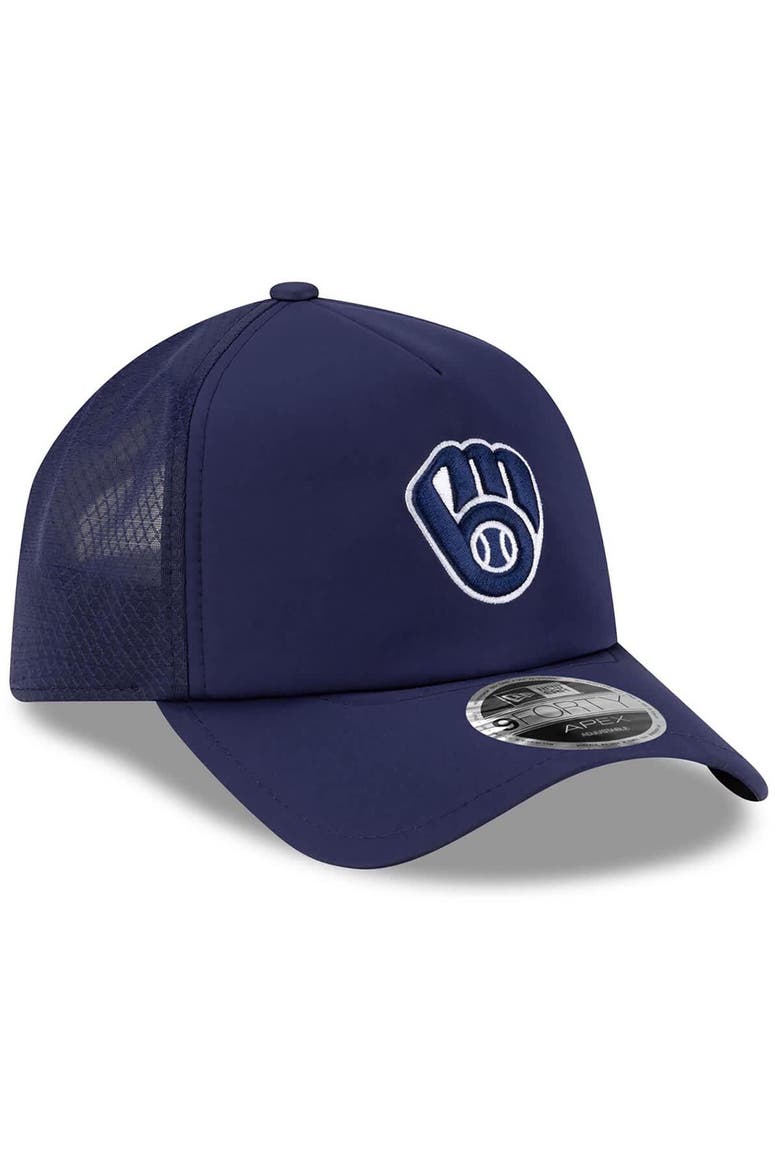 Men's New Era Navy Milwaukee Brewers 2026 Batting Practice Apex 9FORTY Adjustable Trucker Hat, Alternate, color, Navy