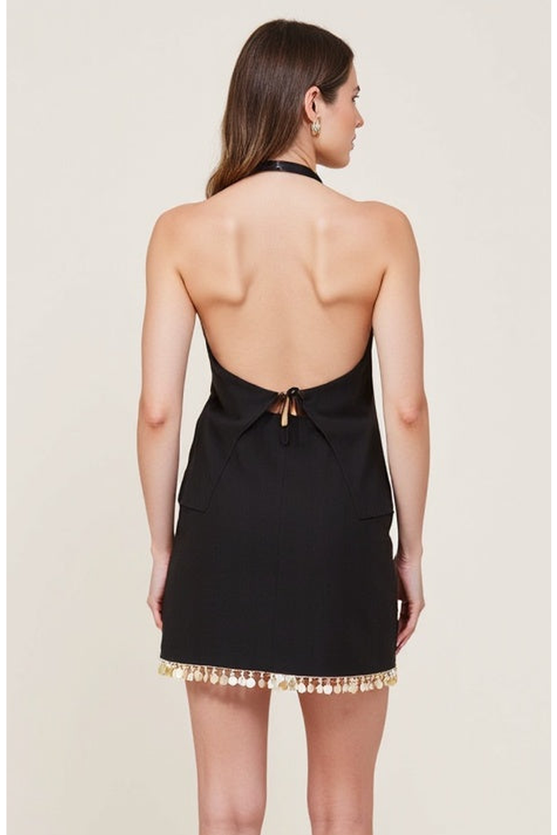Halter Neck Button Front Vest and Mini Skirt Set, Alternate, color, Black